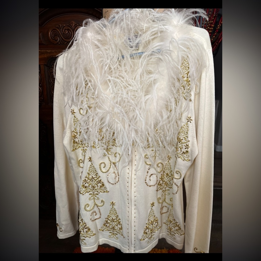 Elegant Cream and Gold Christmas Holiday Women's Sweater with Feather Trim - Picture 3 of 17